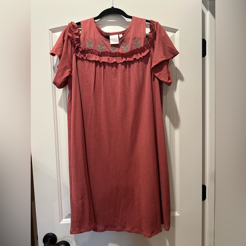 LC Lauren Conrad Light Rust with Floral Embroidery Baby Doll Dress